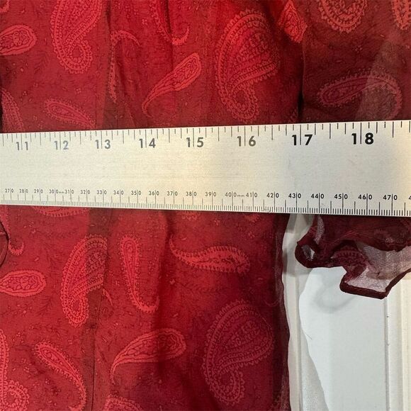 ICE Red Silk Paisley Sheer Bell Sleeve Ruffle Blouse M Y2K Romantic Boho Fairy - Picture 8 of 8